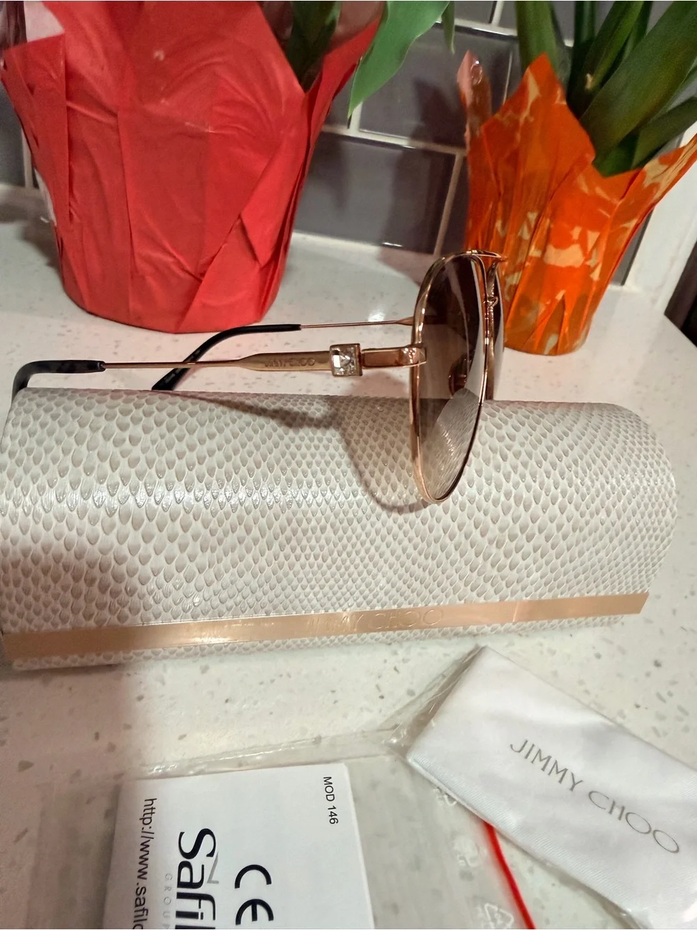 Jimmy Choo Rose Gold Aviator Sunglasses with Brown Gradient Lenses